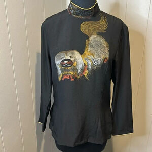 Yuya designer black embroidered pekingese front, collar, & back shoulder top. Md